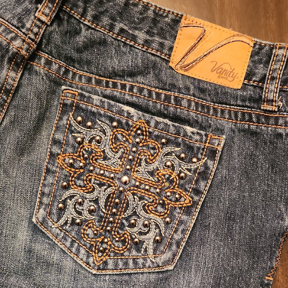 Vanity Jeans Dakota Womens 30W X 24 Distressed Studded Cross Pocket Denim Crop